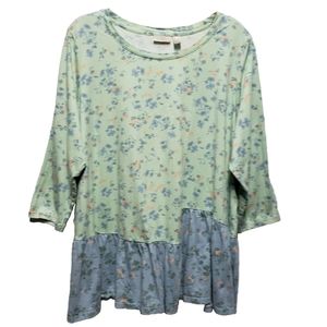 LOGO by Lori Goldstein 2X Floral Tunic 3/4 Sleeve Top Blue Green Pink Layered